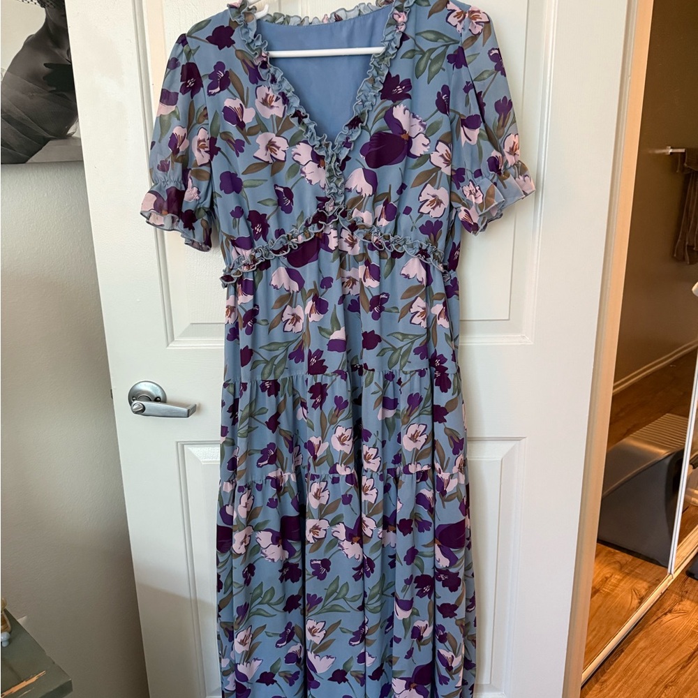 Floral V-Neck Ruffle Dress - Blue and Purple